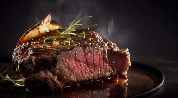 Perfekt gebratenes Steak mit Rosmarin und einer glänzenden Sauce. Dampf steigt auf und zeigt, wie frisch das Steak braten war.