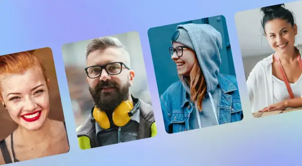 Cztery uśmiechnięte osoby w różnych stylizacjach. Zastanawiasz się, jak dopasować zdjęcie profilowe na Facebooku? Oto inspiracje!