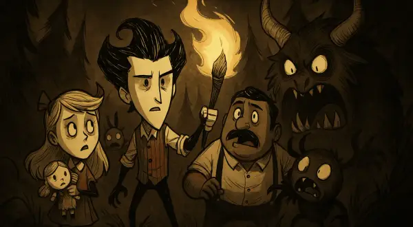Postacie z gry Don't Starve Together stawiają czoła potworom. Wilson trzyma pochodnię, a obok niego stoją Wendy, Wolfgang i mały pająk.