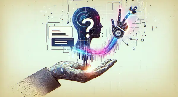 Cyber dłoń podtrzymuje głowę AI z pytajnikiem. Jak zadać pytanie sztucznej inteligencji, by uzyskać odpowiedź?