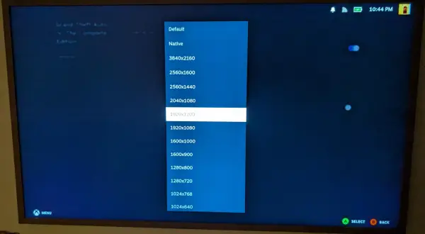 Ekran telewizora z menu wyboru rozdzielczości gry, z podświetloną opcją 1920x1200.