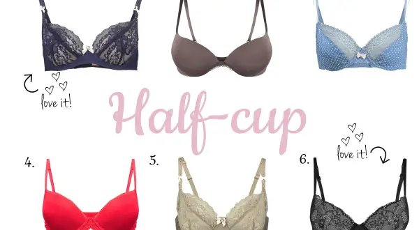 Kolekcja biustonoszy half cup: granatowy koronkowy, cielisty, w kropki, czerwony, khaki i czarny.