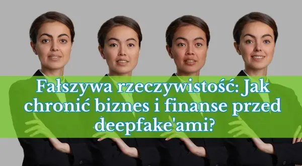 Cztery identyczne kobiety w garniturach. Tekst: "Fałszywa rzeczywistość: Jak chronić biznes i finanse przed deepfake'ami?".