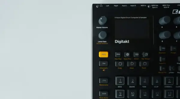 Black Digitakt drum machine with buttons and knobs. This powerful free drum machine is ready to create beats.