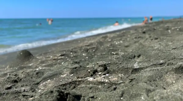 Ciemny piasek na plaży w Ureki, Gruzja. W tle widać turkusowe morze i kąpiących się ludzi.