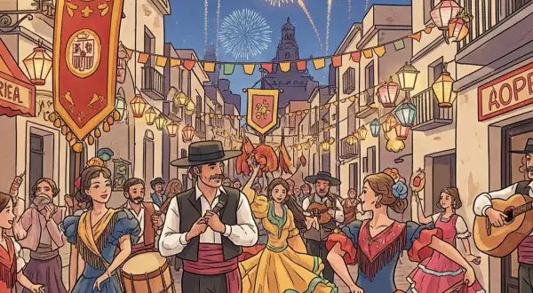 Gente celebra las fiestas mayores en una calle adornada con farolillos y fuegos artificiales. Bailarines y músicos animan la noche.