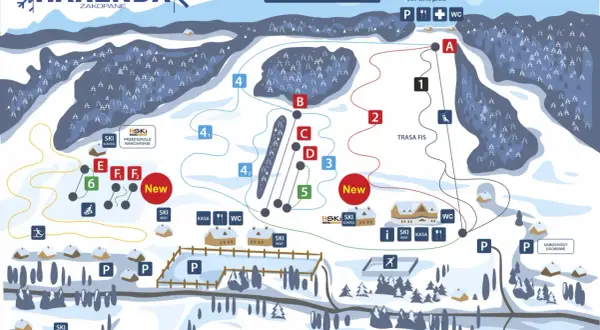 Mapa ośrodka narciarskiego Harendy w Zakopanem. Widoczne trasy narciarskie, wyciągi, punkty gastronomiczne, parkingi i wypożyczalnie sprzętu.