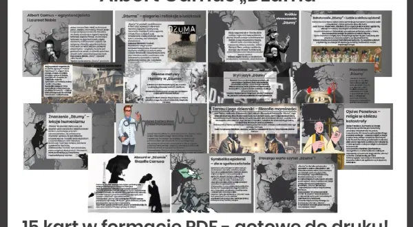 Kolaż grafik i fragmentów tekstu o "Dżumie" Alberta Camusa.