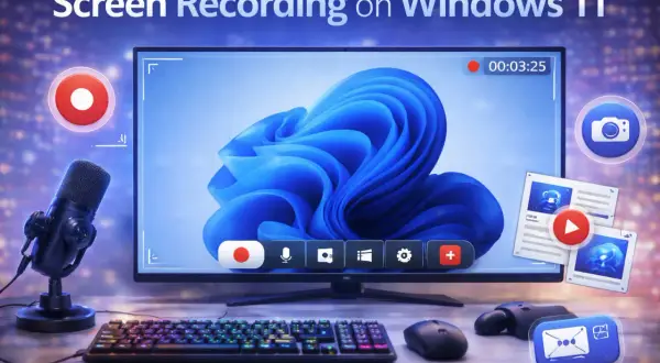 Nagrywanie ekranu Windows 11: monitor z ikonami, mikrofon, klawiatura i myszka.