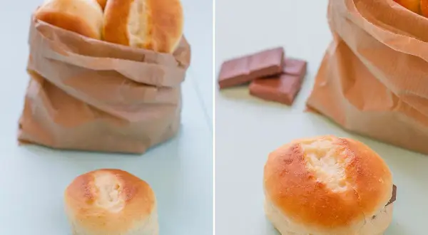 Pan de leche recién horneado, perfecto para rellenar con chocolate.