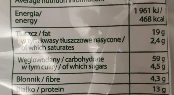 Tabela wartości odżywczych dla 100g produktu: energia, tłuszcz, węglowodany, błonnik, białko, sól.