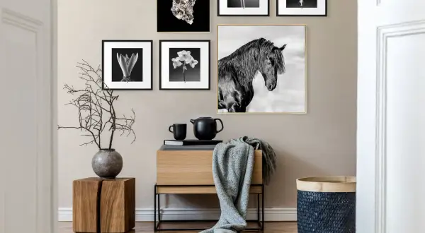 Un mur décoré de tableaux en noir et blanc, dont un majestueux cheval, crée une ambiance élégante. Un petit meuble en bois et une plante ajoutent une touche naturelle à cette décoration facile.