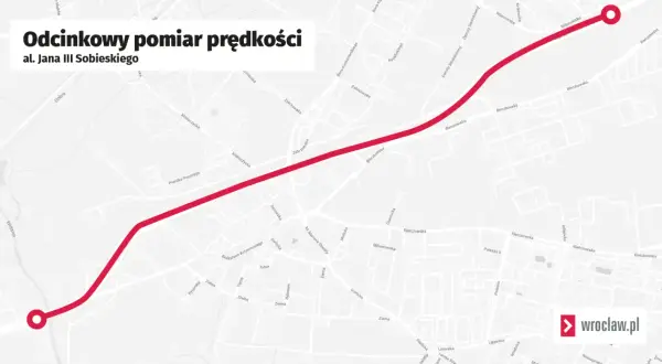 Mapa pokazuje, gdzie są odcinkowe pomiary prędkości na al. Jana III Sobieskiego we Wrocławiu.