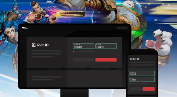 Postacie z gier Riot Games na tle ekranów z interfejsem Riot ID.