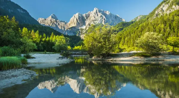 En vacker vy för att vandra i Slovenien. En spegelblank sjö reflekterar berg och skog. En bro leder över vattnet.