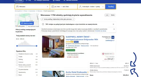 Wyniki wyszukiwania noclegów w Warszawie na Booking.com, z widocznymi cenami i filtrami.
