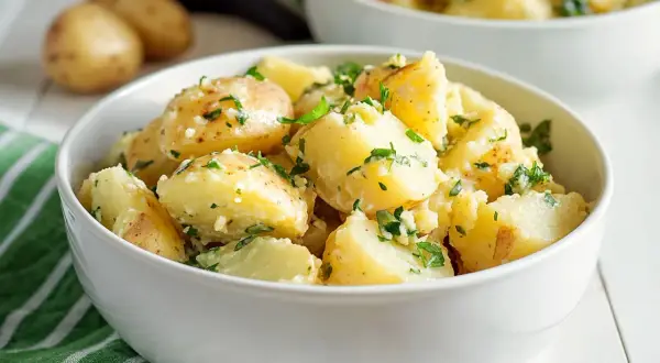 Una ciotola bianca piena di saporita insalata di patate napoletana, condita con prezzemolo fresco e aglio.