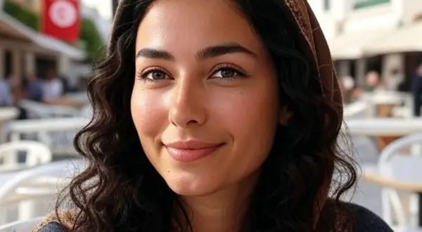 Jeune femme souriante, portant un foulard, avec un drapeau tunisien en arrière-plan. Elle pourrait porter un nom de famille tunisien.