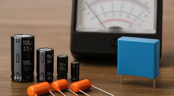 Różne kondensatory o różnej pojemności, od 10 µF do 100 µF, leżą obok analogowego miernika.