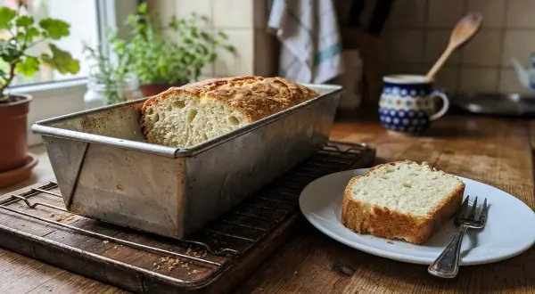 Pyszne, domowe ciasto drożdżowe w keksówce, obok kromka na talerzyku z widelcem.