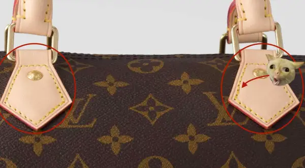 Gros plan sur le **cuir Louis Vuitton** d'un sac, avec un chaton surpris qui regarde par-dessus.