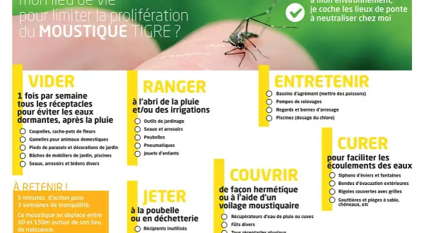 Un moustique tigre sur un doigt, avec des conseils pour éviter sa prolifération, notamment en gérant les bassins anti moustique.