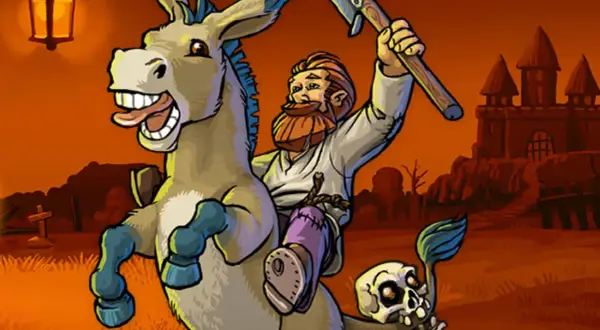 Zabawny osioł z czaszką na ogonie i brodaty mężczyzna z siekierą, jakby z gry Graveyard Keeper poradnik.