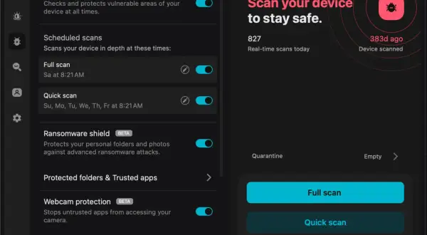 Interfejs programu antywirusowego. Widoczne opcje: "Real-time protection", "Scheduled scans", "Full scan", "Quick scan", "Ransomware shield". Po prawej stronie przycisk "Scan your device to stay safe", "Full scan", "Quick scan". Pomaga to sprawdzić, ja...
