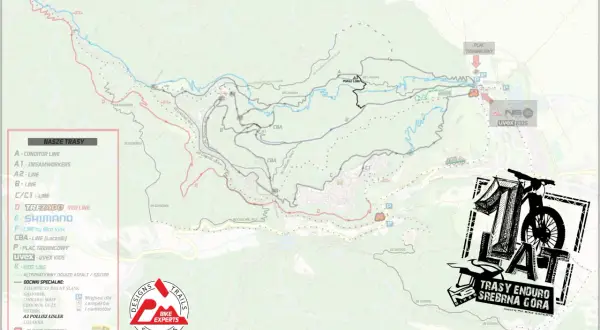 Mapa tras rowerowych w Srebrnej Górze. Oznaczono tu liczne szlaki, w tym "Conditor Line", "Dreamworkers" i "Shimano".