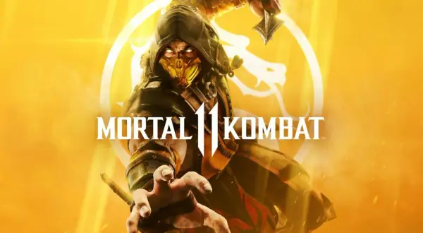 Scorpion w akcji, gotowy do walki w Mortal Kombat 11. W tle logo gry i symbol smoka.