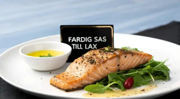 En perfekt tillagad laxfilé serveras med en skål med gyllene sås till lax, gröna blad och en rödbär.