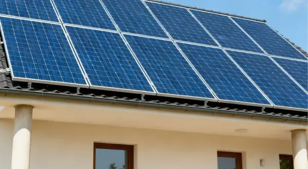 Panele fotowoltaiczne na dachu białego domu. Czy fotowoltaika się opłaca? Słońce świeci, produkując czystą energię.