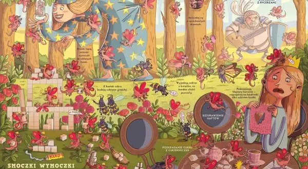 Ilustracja z książki o smokach: małe, skrzydlate smoki psocą w lesie, kradną cukier i drażnią rycerza.