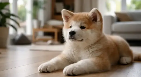 Uroczy szczeniak rasy Akita Inu leży na drewnianej podłodze. Zastanawiasz się, ile kosztuje Akita?