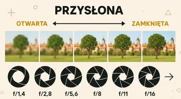 Ilustracja pokazuje, jak preselekcja przysłony wpływa na głębię ostrości. Od otwartej (f/1,4) do zamkniętej (f/16), tło staje się coraz bardziej ostre.