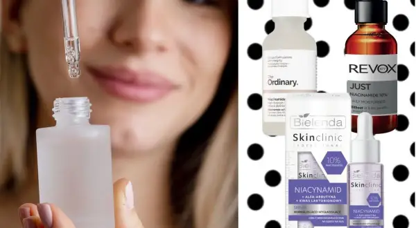 Kobieta aplikuje serum z niacynobazą 25. Na drugim planie kosmetyki z niacynamidem.