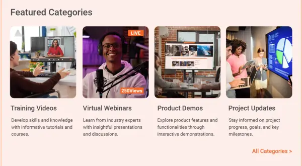 Featured categories include training videos, virtual webinars, product demos, and project updates, all managed by a video library manager.