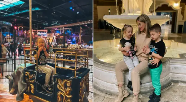 Dzieci cieszą się atrakcjami w Łodzi: dziewczynka na karuzeli w kształcie słonia, a mama z dwójką dzieci przy fontannie.
