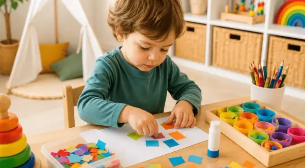 Niño de 3 años creando arte con papelitos de colores. Divertidas actividades para niños de 3 años, fomentando la creatividad y motricidad fina.