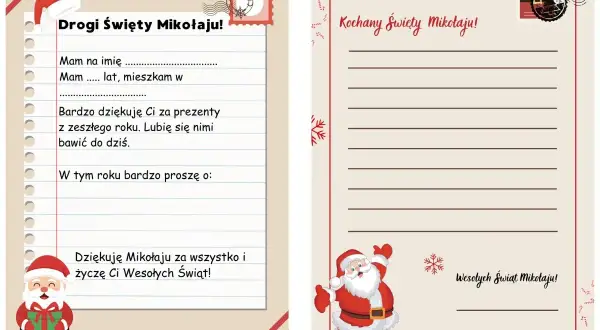 Szablon pracy plastycznej: list do Świętego Mikołaja z miejscem na wpisanie imienia, wieku, podziękowania i prośby.