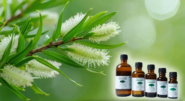 Australisches Teebaumöl in Flaschen, neben einem Zweig mit weißen Blüten. Die Wirkung von Teebaumöl auf die Psyche ist vielfältig.