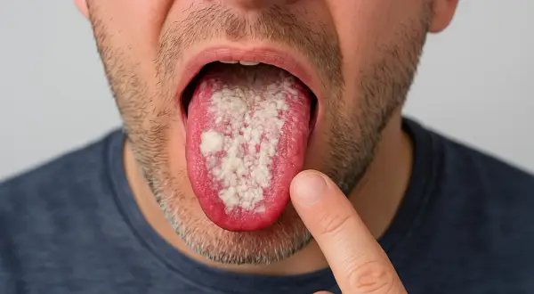 Lingua con placche bianche, sintomo di candida orale. Si cercano rimedi efficaci per alleviare il disturbo.