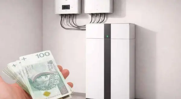 Inwestycja w mój prąd magazyn energii to oszczędność. Stos pieniędzy w dłoni obok nowoczesnego magazynu energii i falowników.