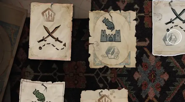 Fragmenty map z symbolami i wskazówkami do zagadek w Assassin's Creed Mirage.