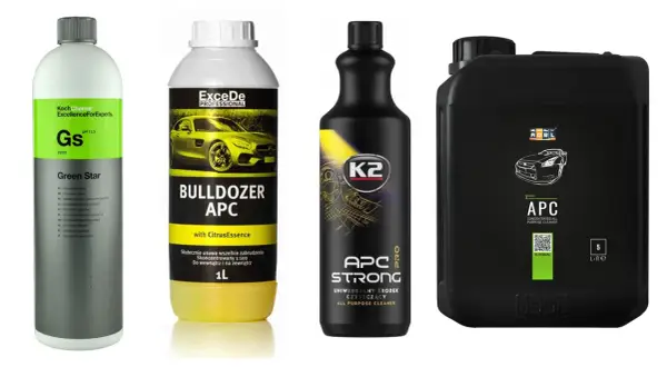 Cztery butelki i kanister z APC do plastiku i innych powierzchni. Koch Chemie Green Star, ExceDe Bulldozer APC, K2 APC Strong, ADBL APC.