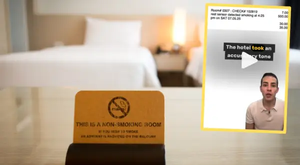 Tabliczka "This is a non-smoking room" i ekran z informacją o wykryciu dymu. Jak zakryć czujnik dymu w hotelu?