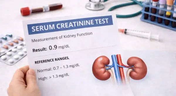 Wynik badania kreatyniny 0.9 mg/dL, wskazujący na prawidłową funkcję nerek, nawet przy jednej nerce.