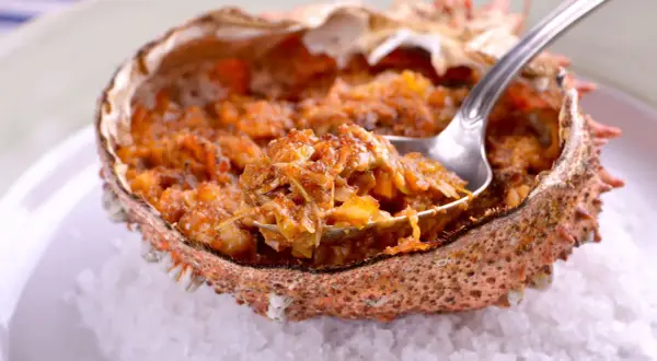 Txangurro a la donostiarra, un delicioso relleno de marisco en su caparazón, listo para ser degustado con una cuchara.