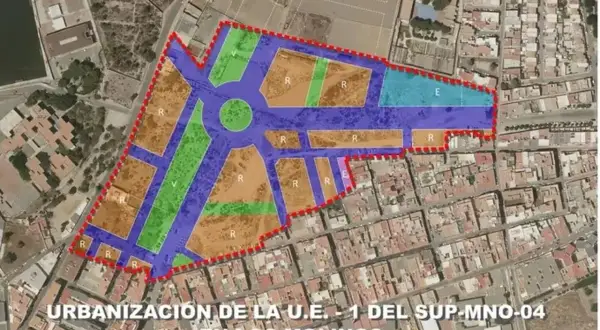 Plano de urbanización en Los Molinos, Almería, con zonas verdes, residenciales y equipamientos.