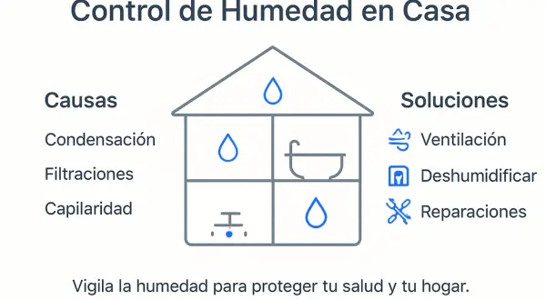Diagrama de casa con causas (condensación, filtraciones, capilaridad) y soluciones (ventilación, deshumidificar, reparaciones) para el tratamiento de humedades en viviendas.
